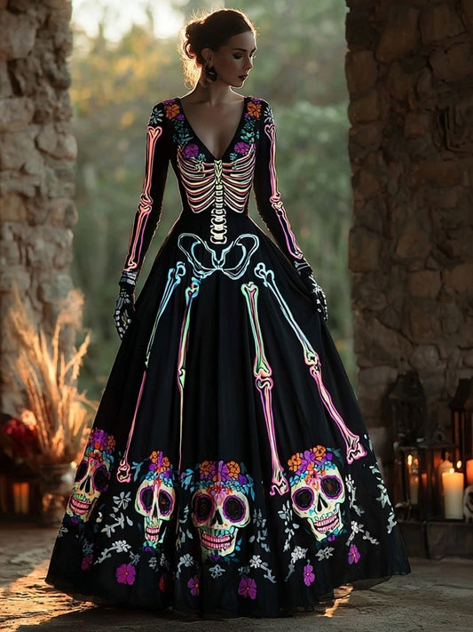 Vestido largo de mujer con cuello en V, diseño de calavera y esqueleto del Día de Muertos