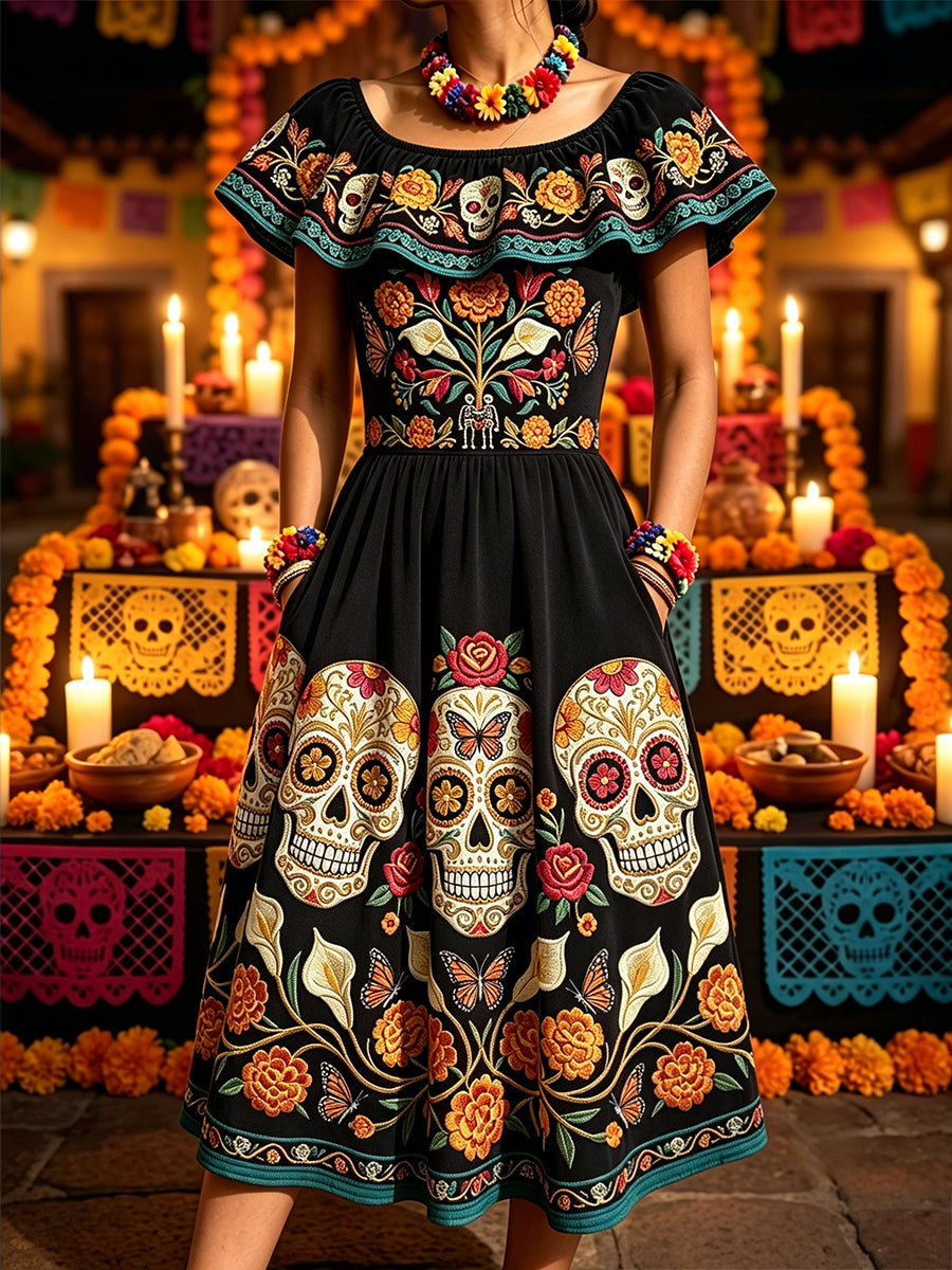 Vestido largo con volantes, estampado de calaveras de azúcar mexicanas con flores, Día de Muertos para mujer