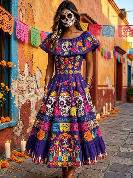 Vestido largo con volantes, estampado de calaveras de azúcar mexicanas con flores, Día de Muertos para mujer