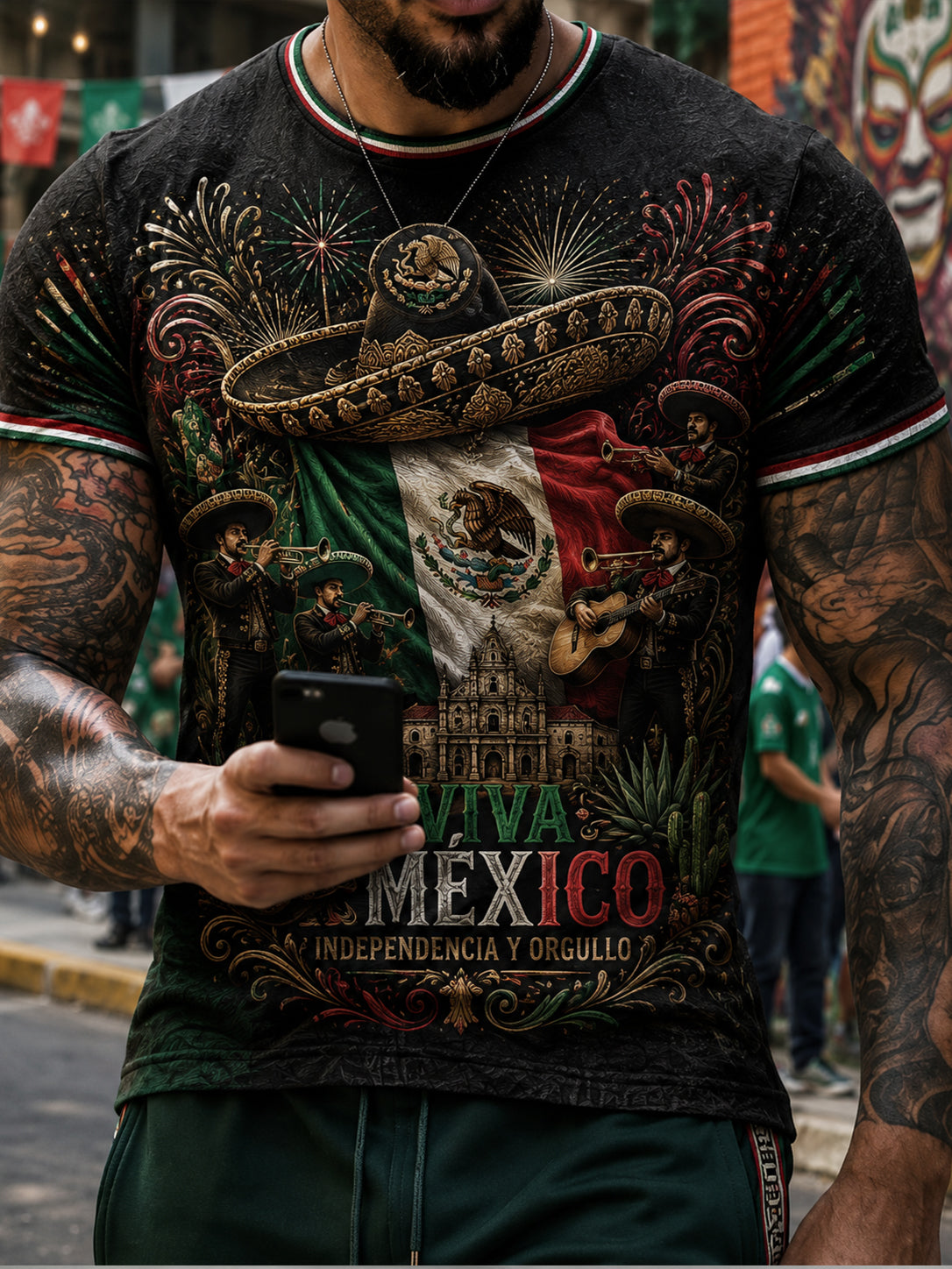 Camiseta con estampado artístico temático del Día de la Independencia de México para hombre