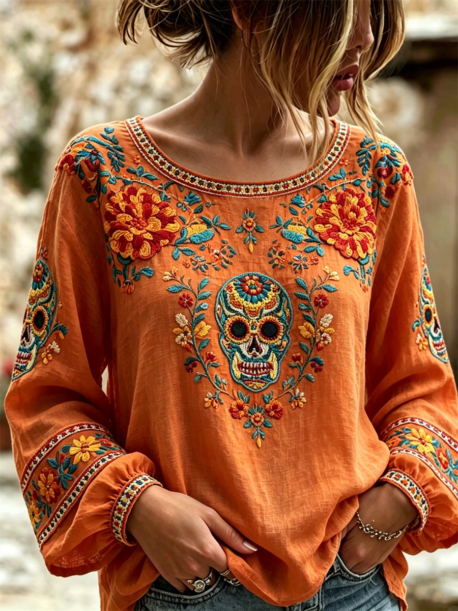 Camisa de algodón-lino con estampado floral de calaveras de azúcar mexicanas y flor de cempasúchil para el Día de Muertos de la mujer
