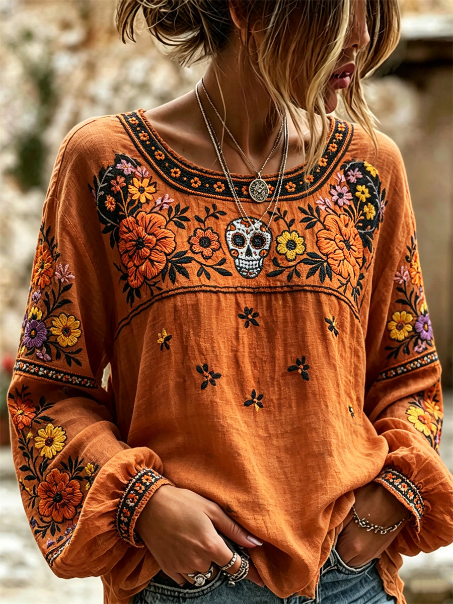 Camisa de algodón-lino con estampado floral de calaveras de azúcar mexicanas y flor de cempasúchil para el Día de Muertos de la mujer
