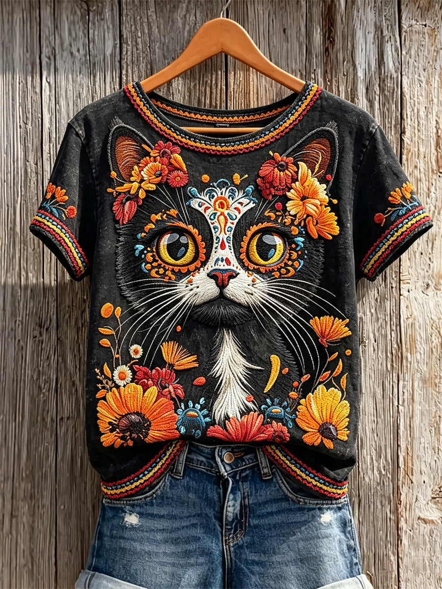 Camiseta mexicana de manga corta con estampado floral del cráneo del azúcar del gato muerto de la mujer