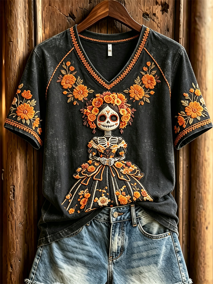 Camiseta de manga corta con estampado floral de las mujeres del día de los muertos Sugar Skull Lady Mexican Mariolds