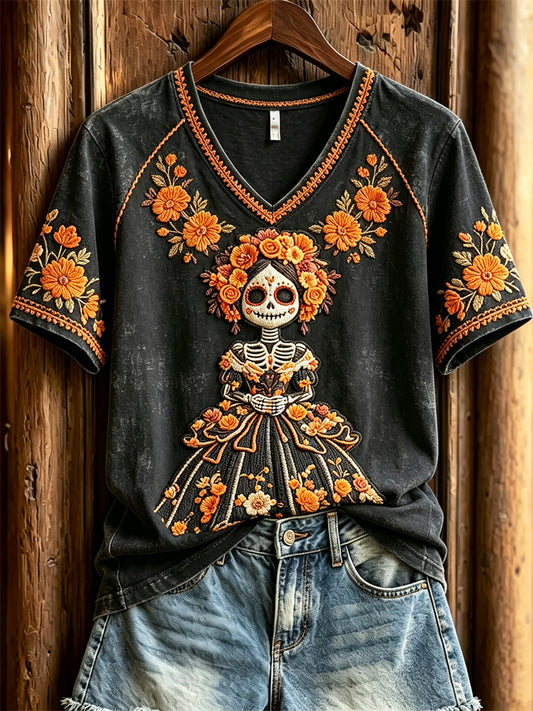 Camiseta de manga corta con estampado floral de las mujeres del día de los muertos Sugar Skull Lady Mexican Mariolds
