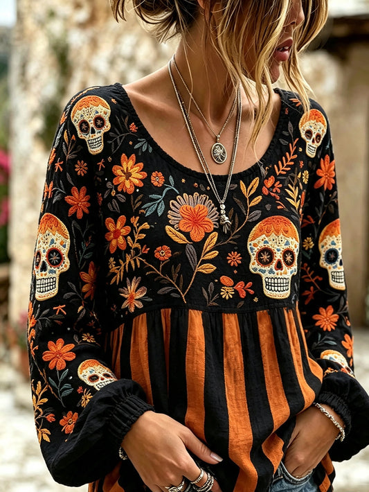 Camisa de algodón-lino estampada con motivos florales y elementos del Día de Muertos para mujer