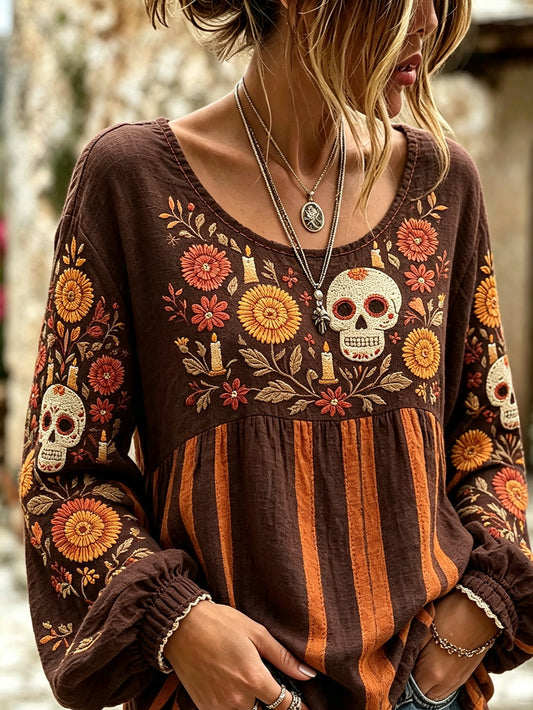 Camisa de algodón-lino estampada con motivos florales y elementos del Día de Muertos para mujer