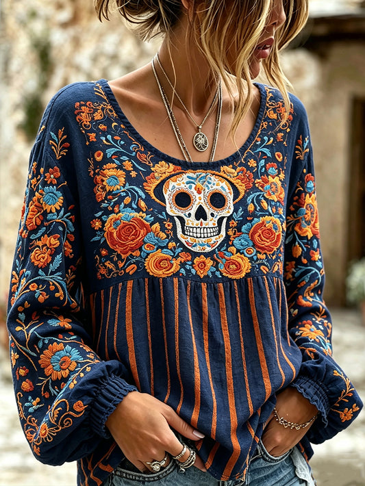 Camisa de algodón-lino estampada con motivos florales y elementos del Día de Muertos para mujer