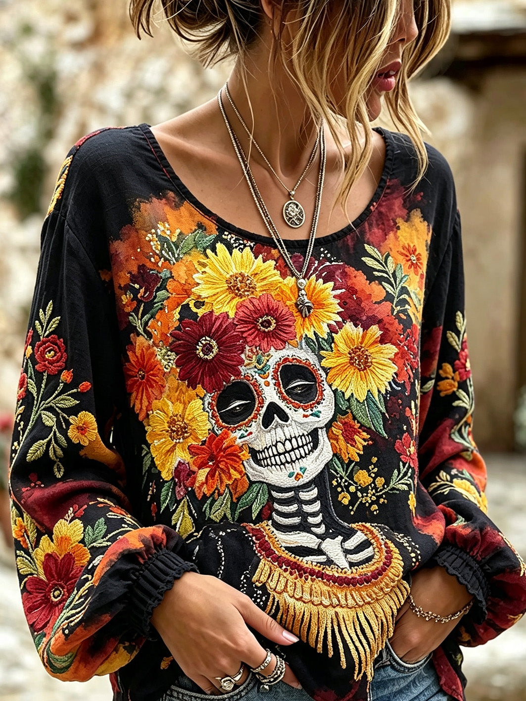 Camisa de algodón-lino estampada con motivos florales y elementos del Día de Muertos para mujer