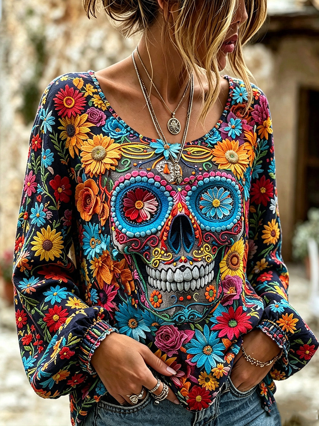 Día de la mujer de los elementos muertos planta flor patrón impreso algodón-camisa de lino