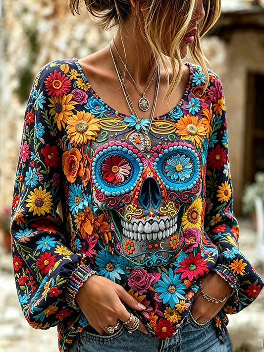 Día de la mujer de los elementos muertos planta flor patrón impreso algodón-camisa de lino