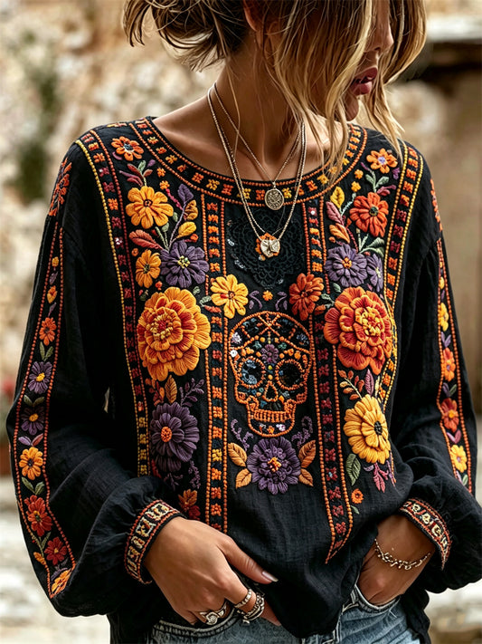 Camisa de algodón-lino con estampado floral de calaveras de azúcar mexicanas y flor de cempasúchil para el Día de Muertos de la mujer