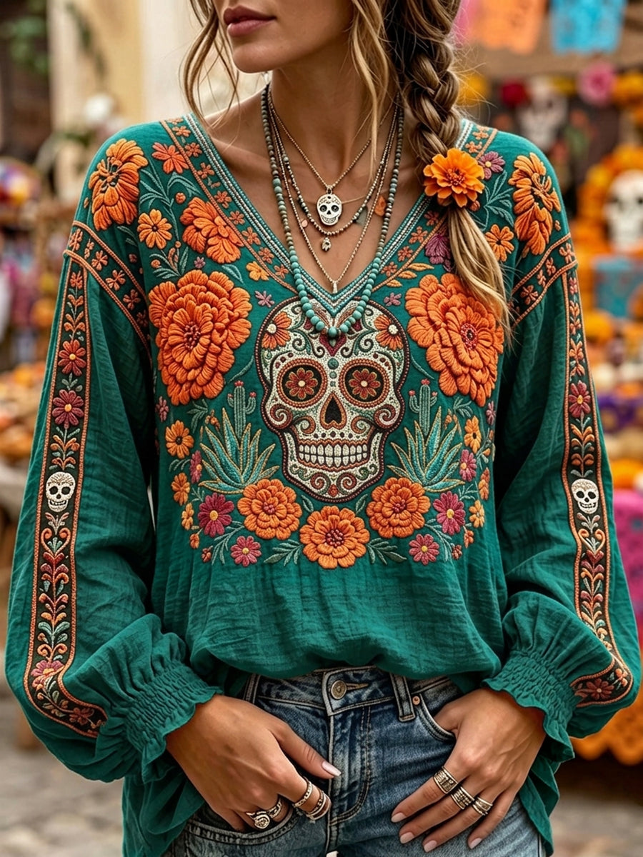Camisa de lino de algodón con estampado floral mexicano de calavera de azúcar de día de los muertos para mujer
