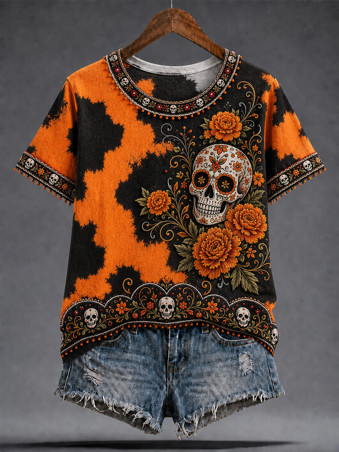 Camiseta con estampado artístico conmemorativo del Día de Muertos mexicano para mujer