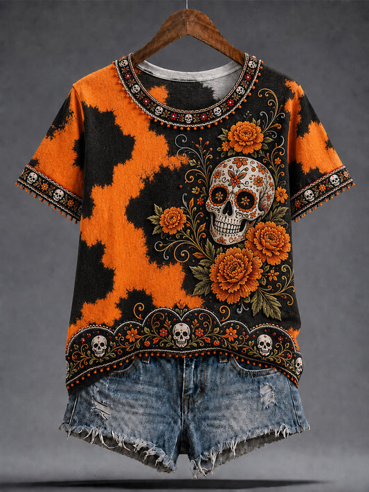 Camiseta con estampado artístico conmemorativo del Día de Muertos mexicano para mujer