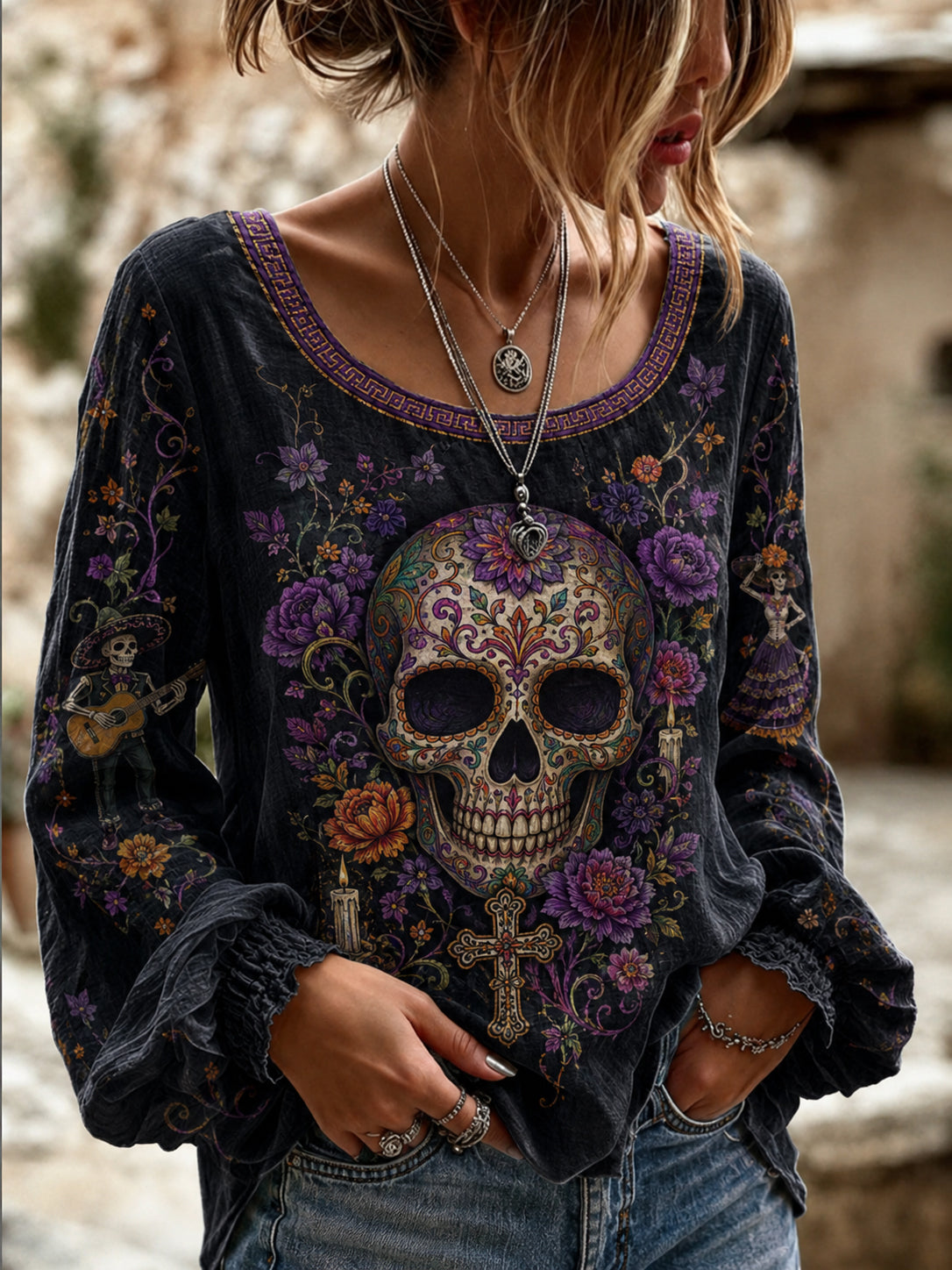 Camiseta de manga larga con estampado artístico conmemorativo del Día de Muertos mexicano para mujer
