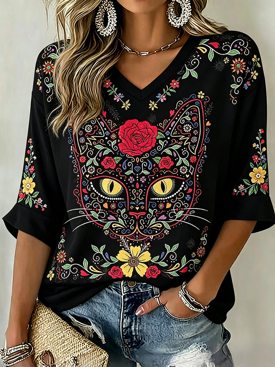 Día de las mujeres de los muertos Kitty Sugar Skull Art Print Mid-length mangas con cuello en V camiseta