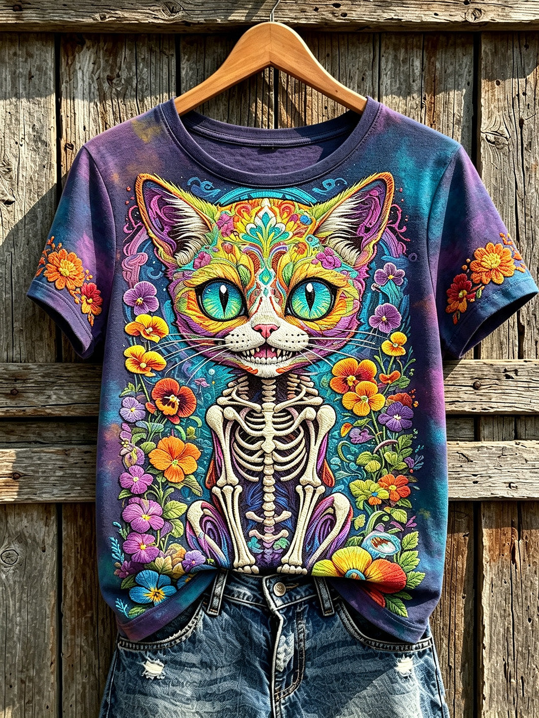 Camiseta casual de manga corta con estampado de animales y flores del Día de Muertos para mujer