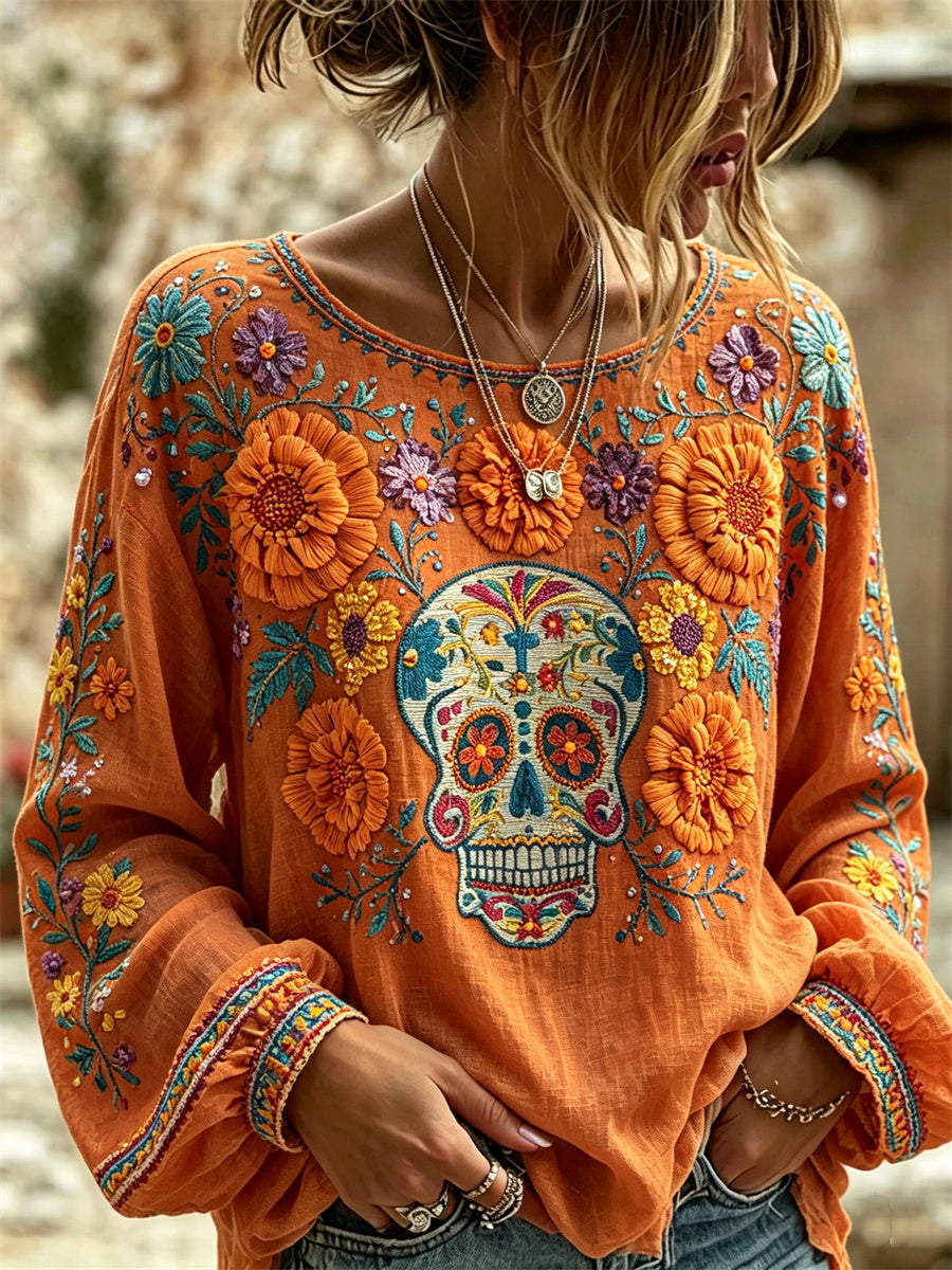 Camisa de algodón-lino con estampado floral de calaveras de azúcar mexicanas y flor de cempasúchil para el Día de Muertos de la mujer