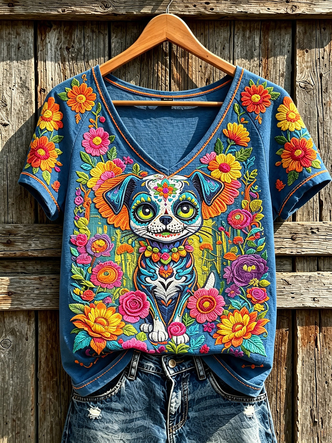 Camiseta casual de manga corta con estampado de animales y flores del Día de Muertos para mujer