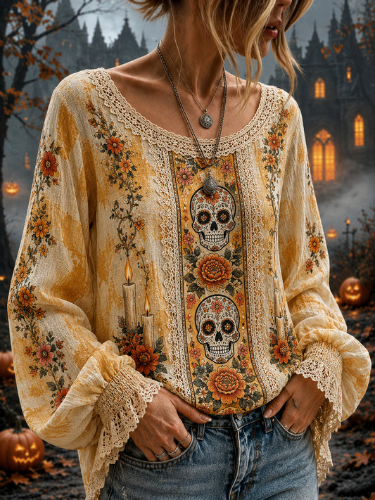 Top de manga larga con estampado de arte conmemorativo del Día de los Muertos de México para mujer