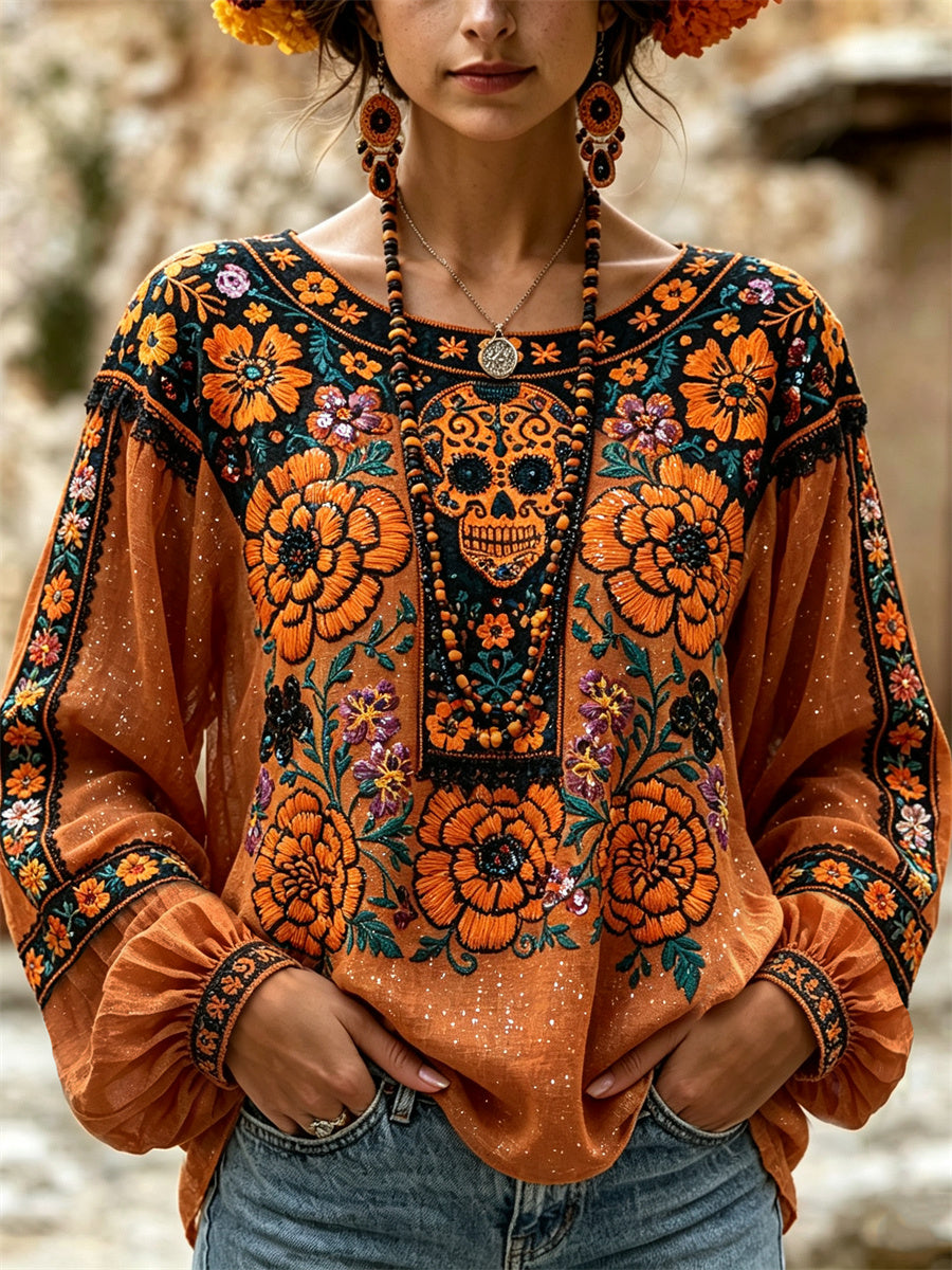 Camisa de algodón-lino con estampado floral de calaveras de azúcar mexicanas y flor de cempasúchil para el Día de Muertos de la mujer