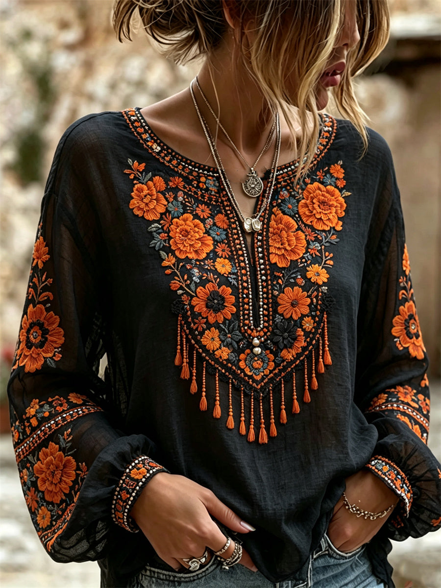 Mujer Vintage Mexican Mariolds Estampado, Floral Algodón Lino Camisa