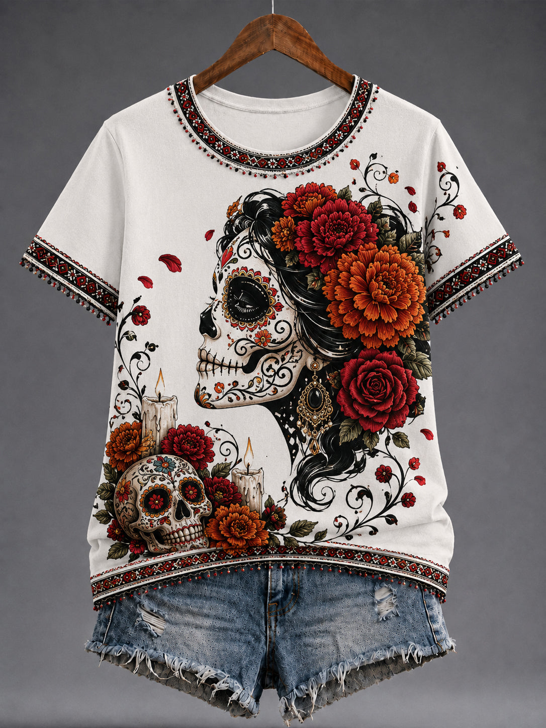 Camiseta con estampado de arte conmemorativo del día de los muertos mexicanos para mujer