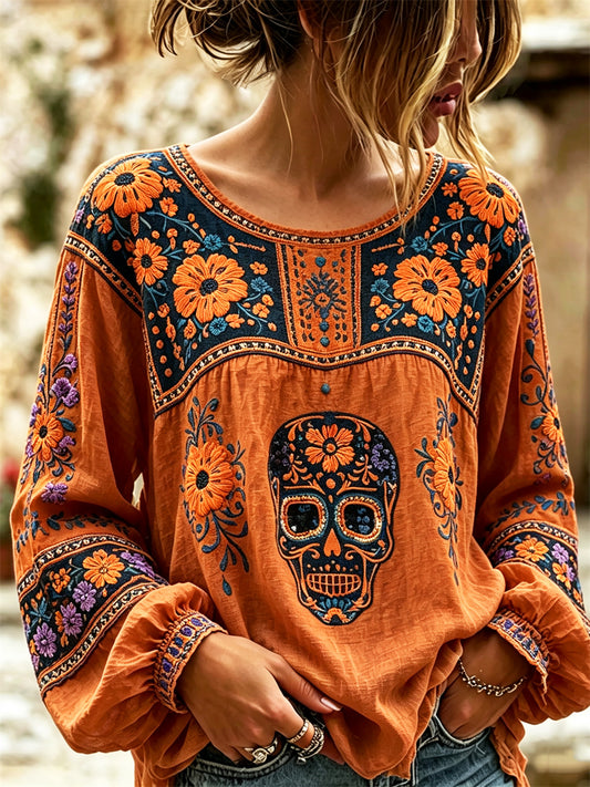 Camisa de algodón-lino con estampado floral de calaveras de azúcar mexicanas y flor de cempasúchil para el Día de Muertos de la mujer