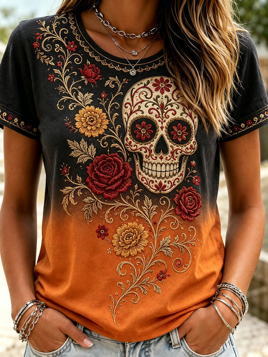 Camiseta con estampado artístico de elementos culturales mexicanos del Día de Muertos para mujer