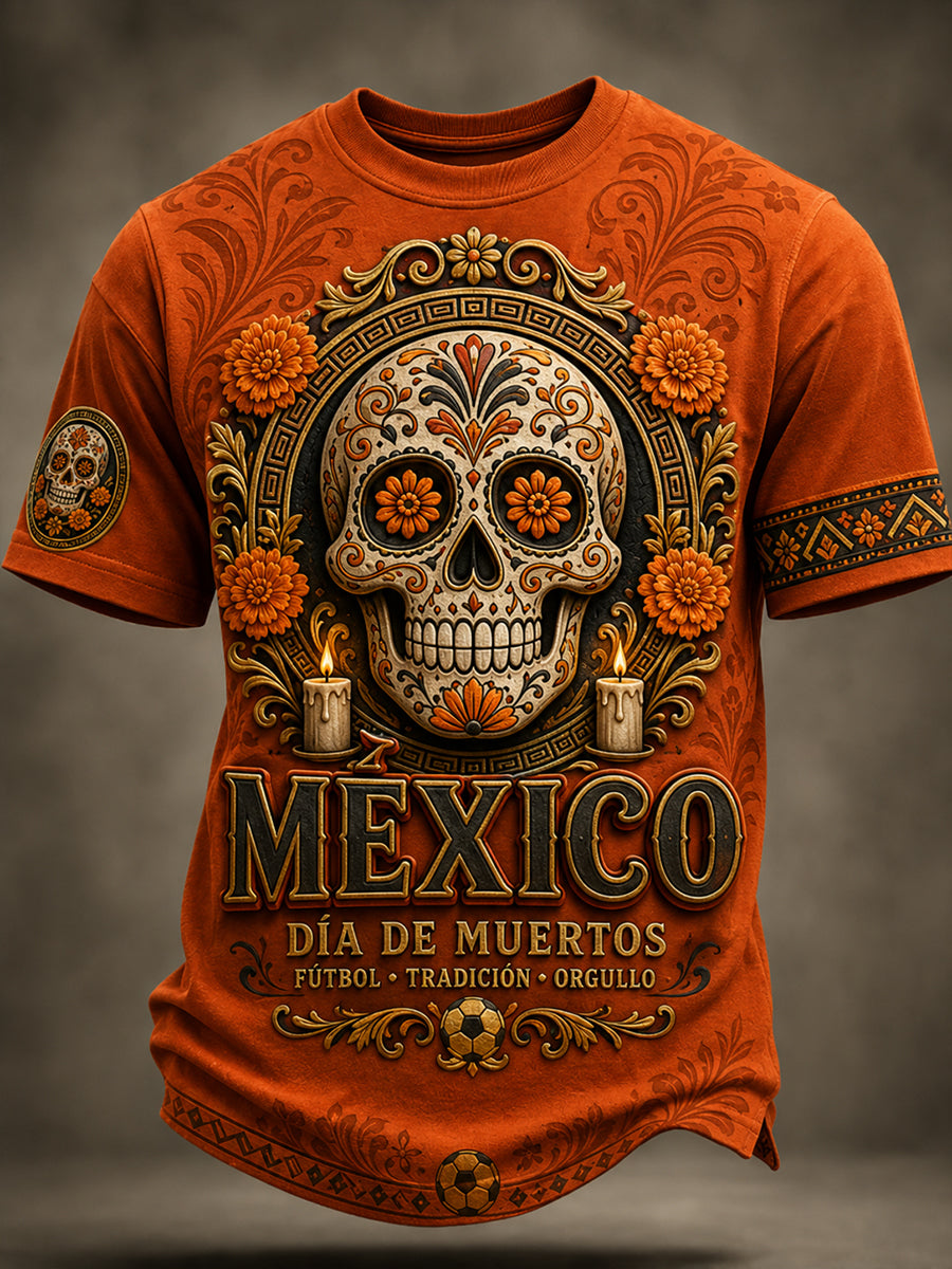 Camiseta con estampado artístico de elementos culturales mexicanos del Día de los Muertos para hombre