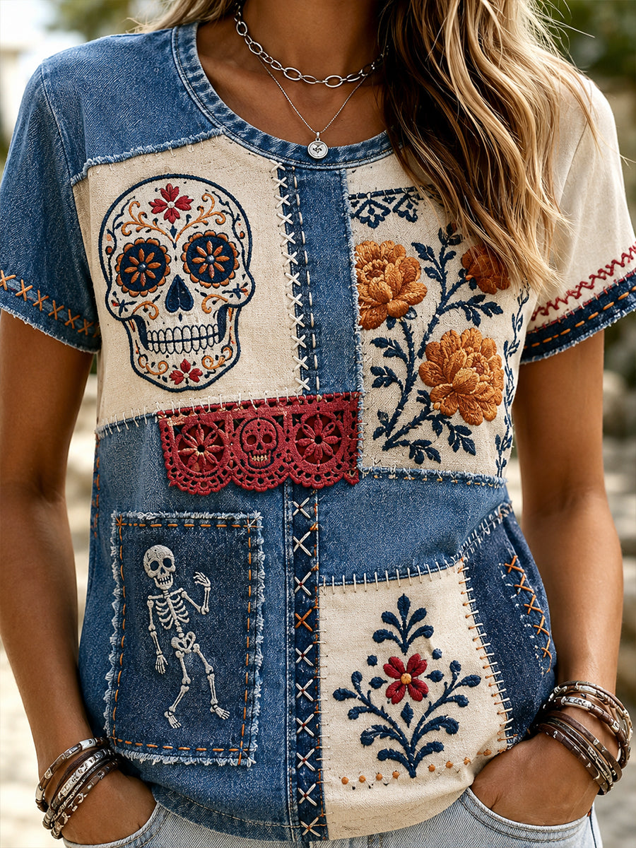 Camiseta mexicana de la impresión del arte de los elementos culturales muertos del día de las mujeres