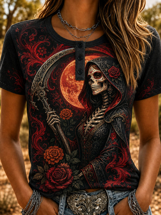 Top con estampado de arte de elementos culturales mexicanos del día de los muertos para mujer