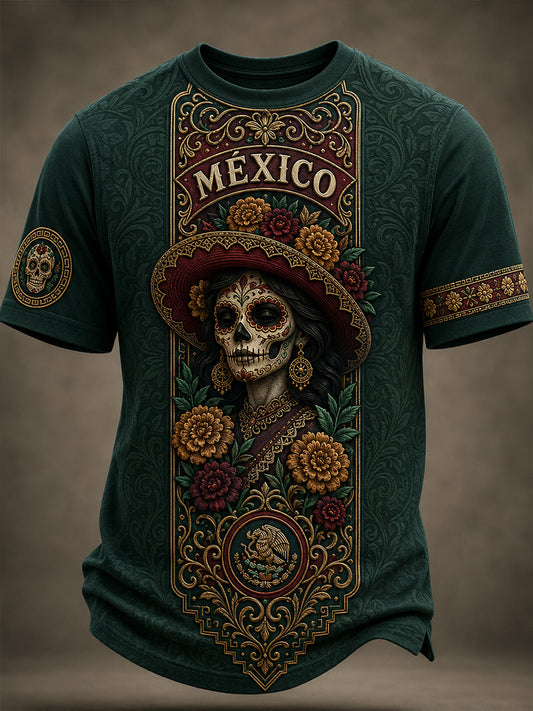 Camiseta con estampado artístico de elementos culturales mexicanos del día de los muertos para hombre