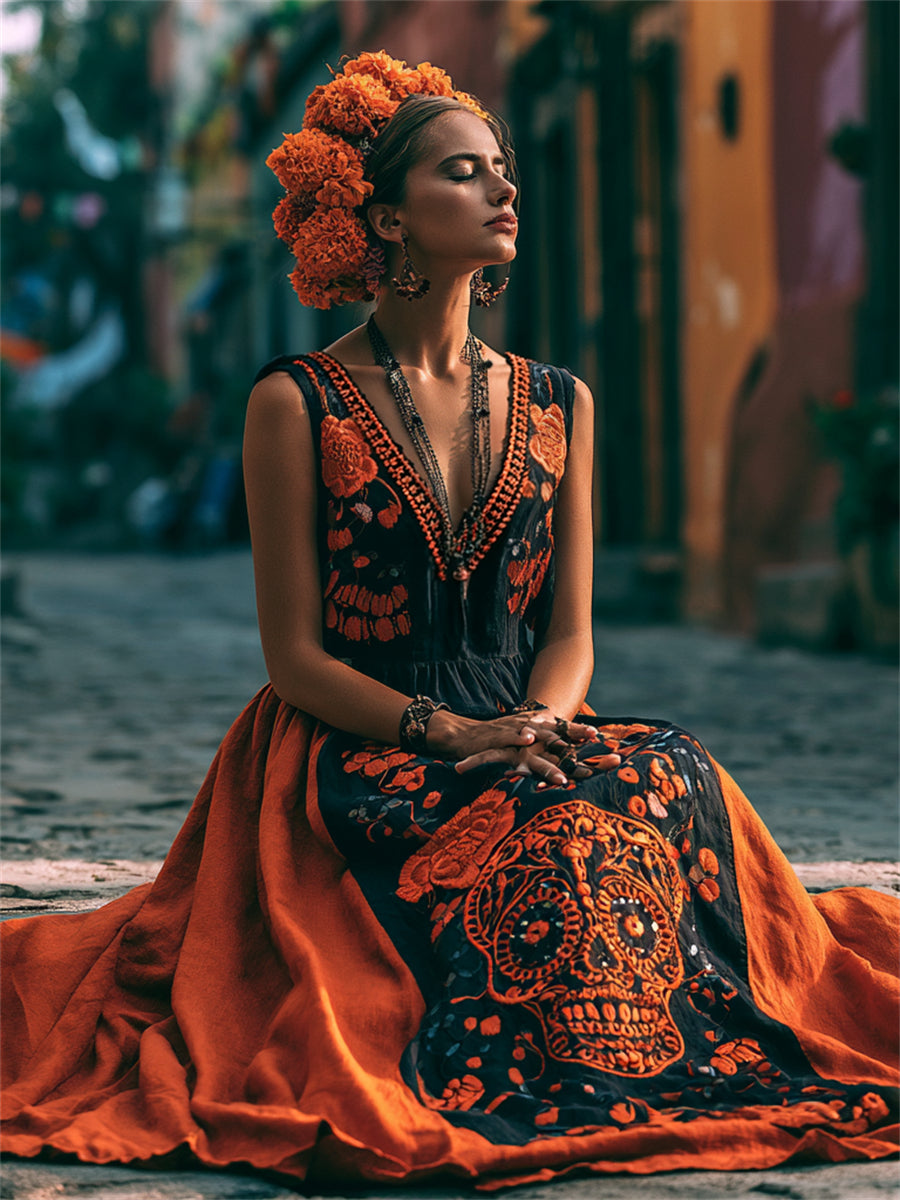 Día de la mujer del cráneo muerto del azúcar mexicano caléndulas impresión floral Flowy Maxi vestido