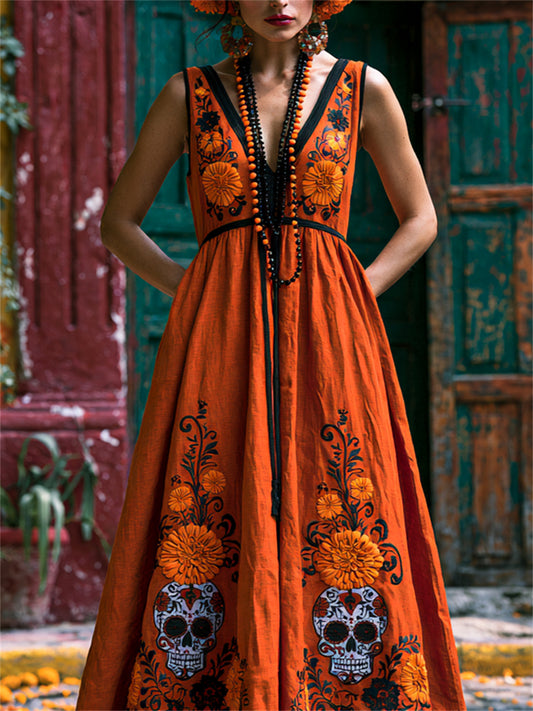 Vestido largo fluido con estampado floral de calaveras de azúcar mexicanas y flor de cempasúchil para el Día de Muertos de la mujer