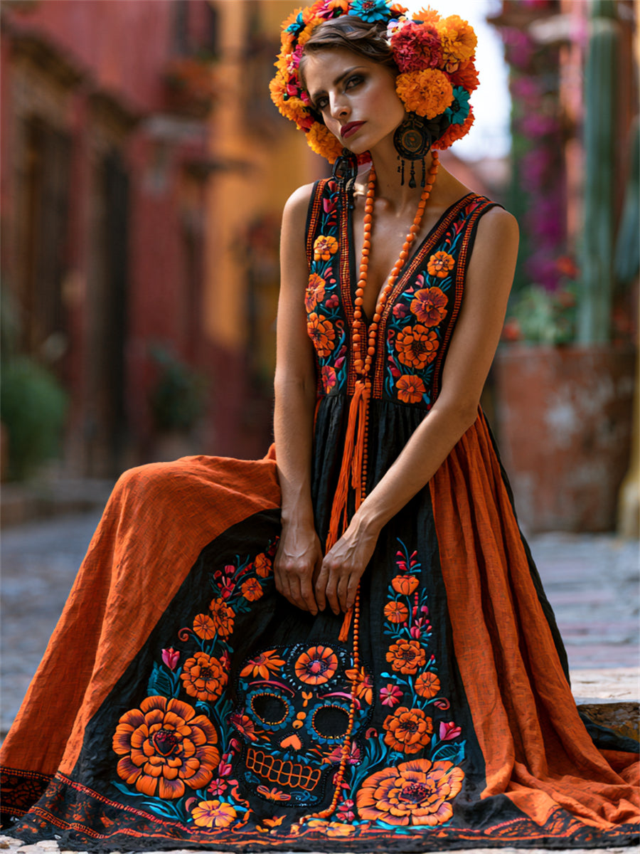 Vestido largo fluido con estampado floral de calaveras de azúcar mexicanas y flor de cempasúchil para el Día de Muertos de la mujer