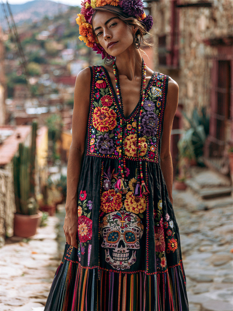 Vestido largo fluido con estampado floral de calaveras de azúcar mexicanas y flor de cempasúchil para el Día de Muertos de la mujer