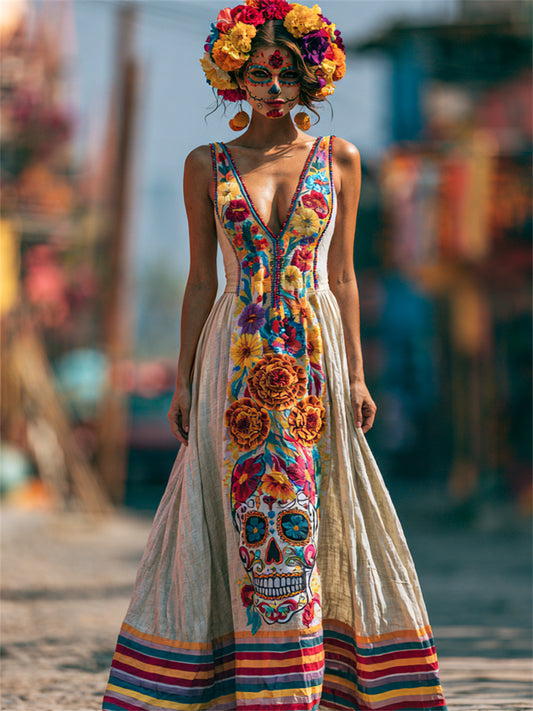 Vestido largo fluido con estampado floral de calaveras de azúcar mexicanas y flor de cempasúchil para el Día de Muertos de la mujer