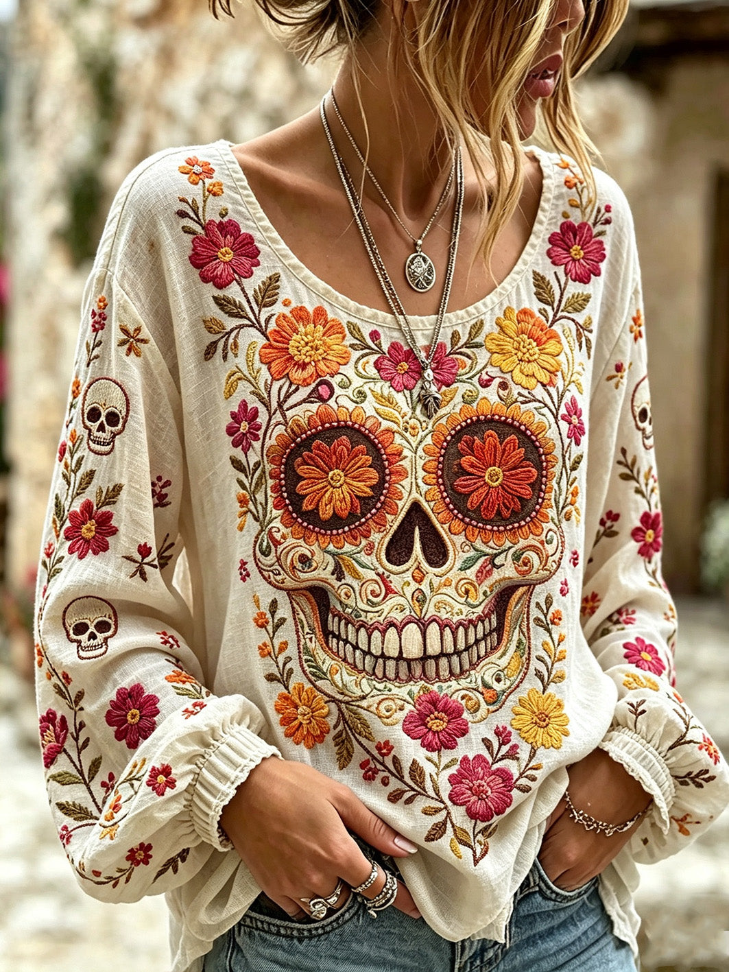 Camisa casual de algodón y lino para mujer, estampada con diseño de calavera y flores vegetales