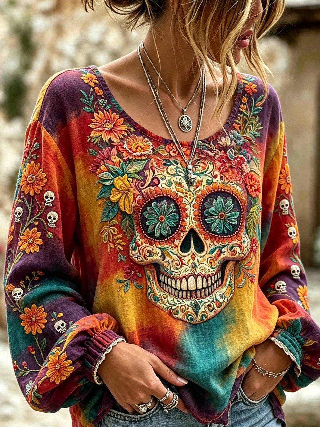 Camisa casual de algodón y lino para mujer, estampada con diseño de calavera y flores vegetales