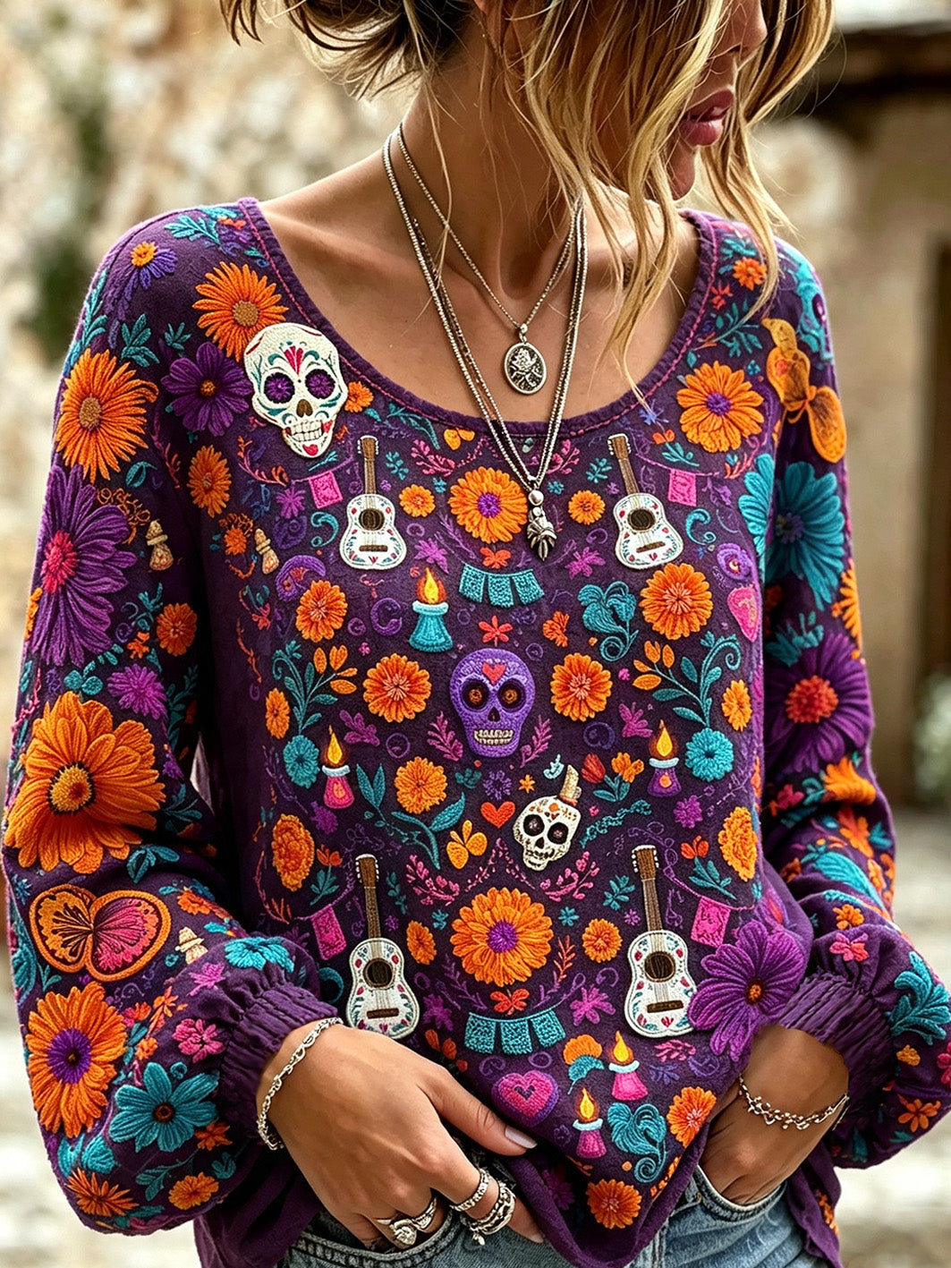 Camisa casual de algodón y lino para mujer, estampada con diseño de calavera y flores vegetales