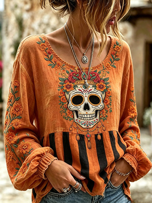 Cráneo de las mujeres y flor de la planta patrón impreso casual algodón y camisa de lino