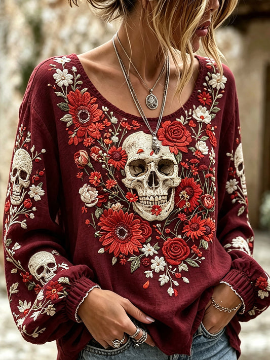 Camisa casual de algodón y lino para mujer, estampada con diseño de calavera y flores vegetales