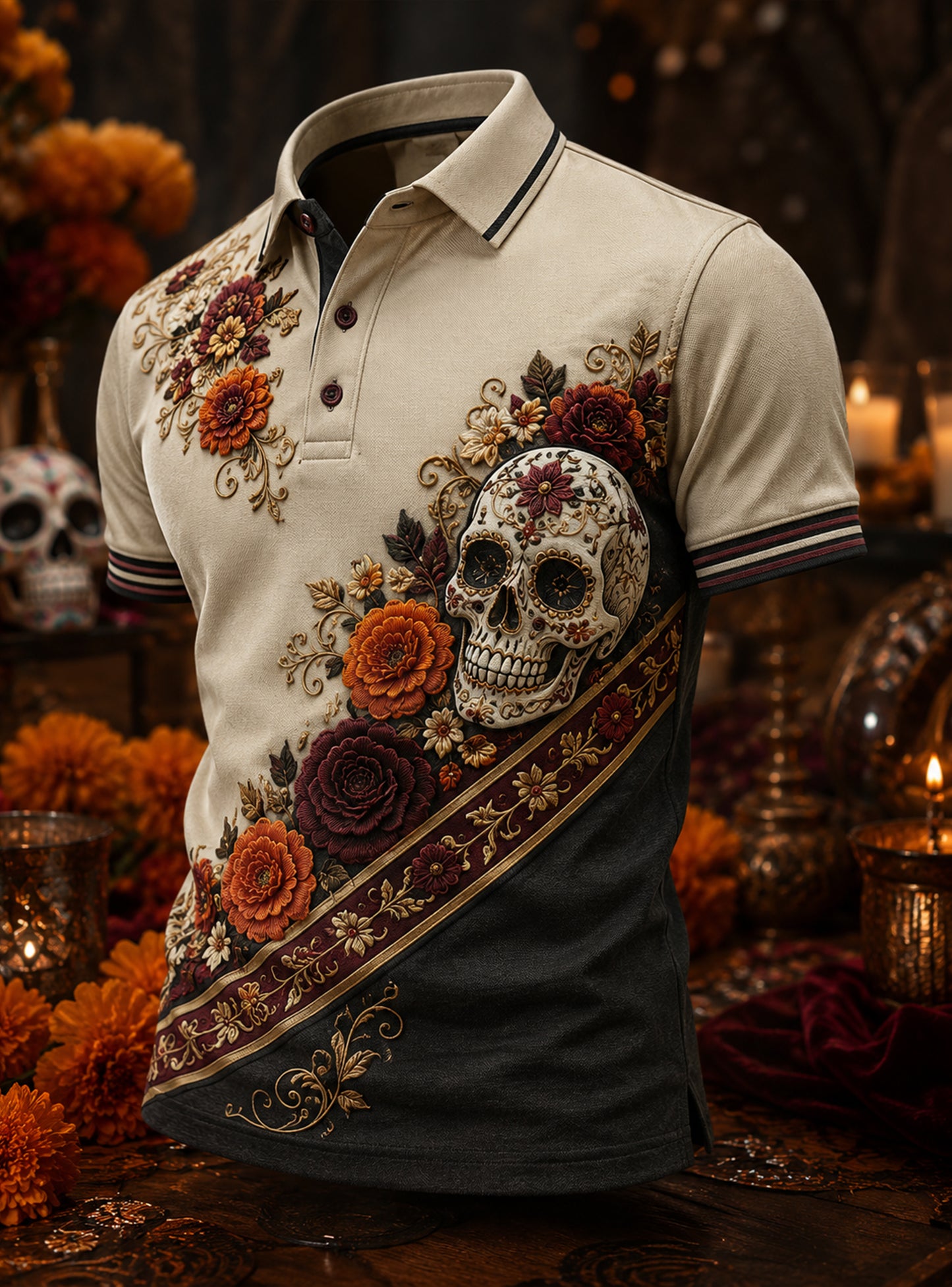 Polo estampado de arte conmemorativo del Día de Muertos mexicano para hombre