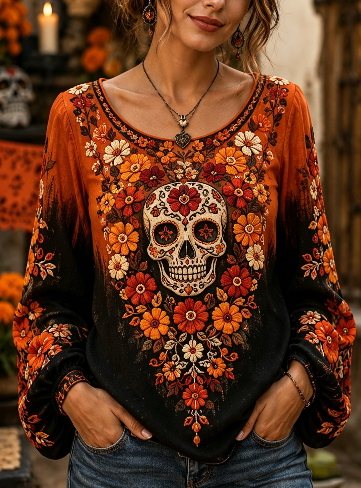 Camiseta con estampado artístico conmemorativo del Día de Muertos mexicano para mujer
