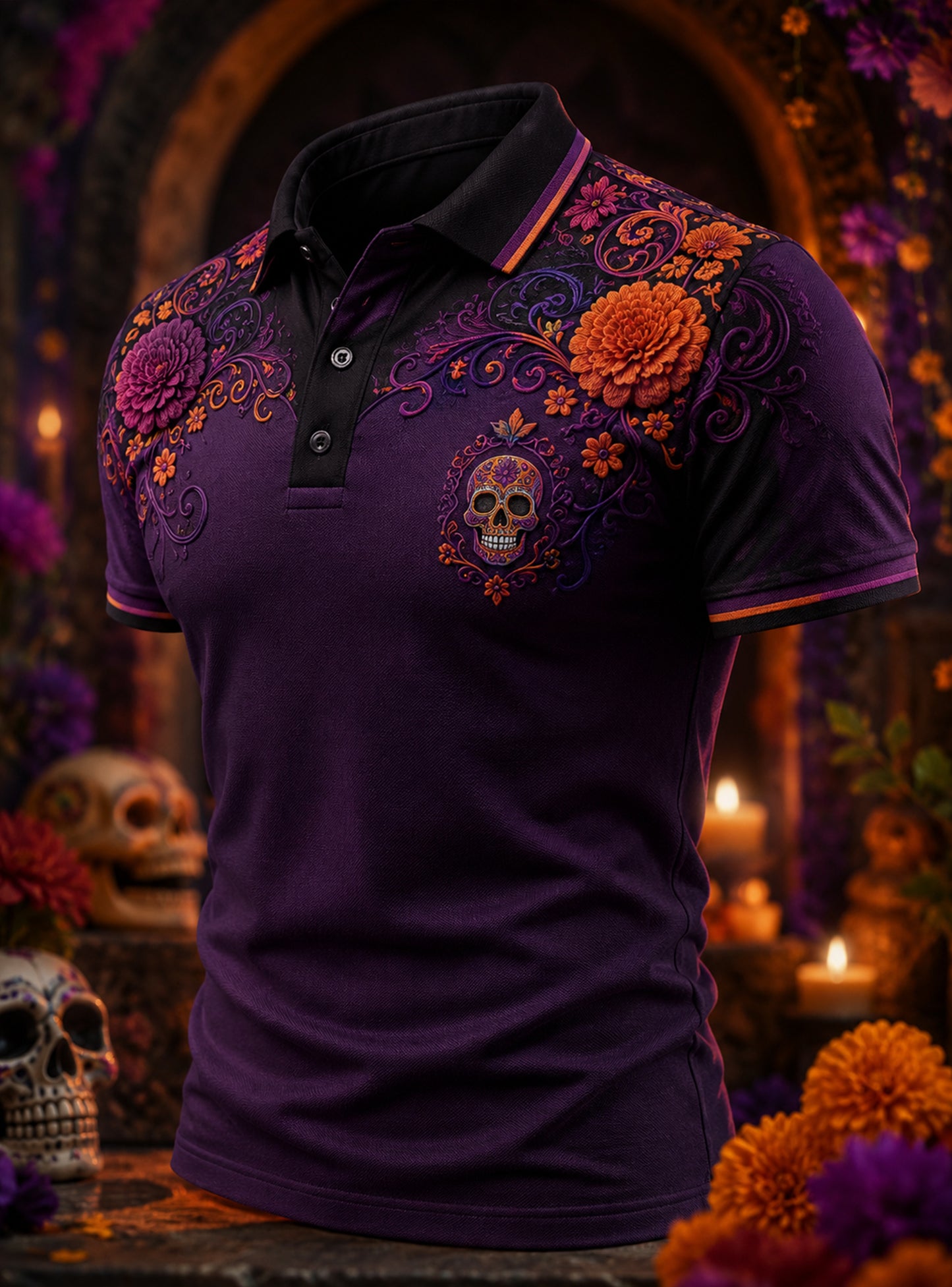 Polo estampado de arte conmemorativo del Día de Muertos mexicano para hombre