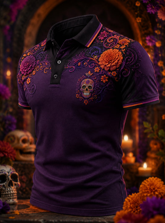 Polo estampado de arte conmemorativo del Día de Muertos mexicano para hombre