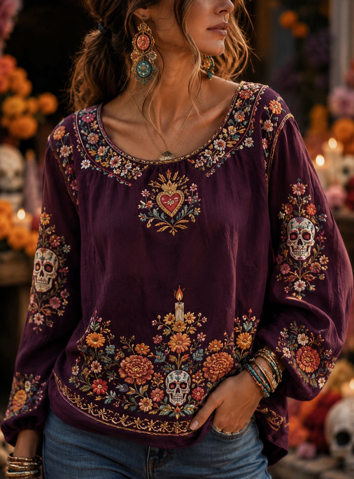 Camiseta con estampado artístico conmemorativo del Día de Muertos mexicano para mujer