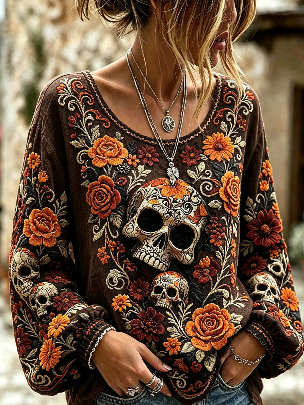 Camisa casual de algodón y lino para mujer, estampada con diseño de calavera y flores vegetales